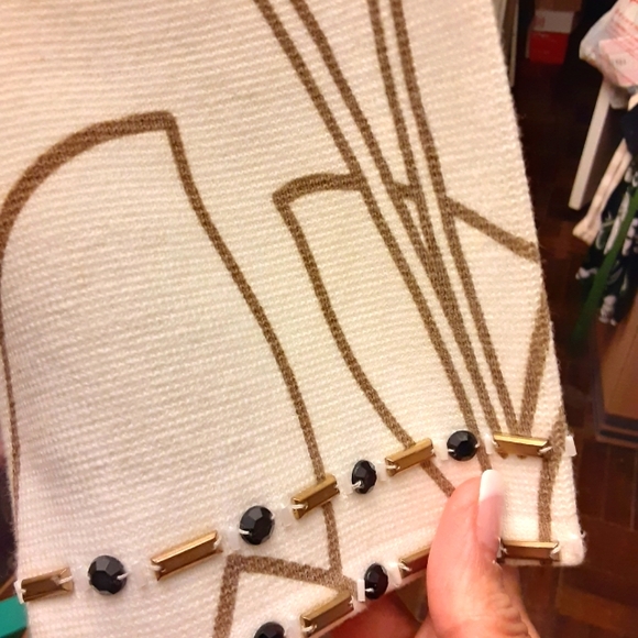 Fancy Knit Cream Geometric Patterned Cardigan w/Beading arnd the edges n sleeves - Picture 4 of 6